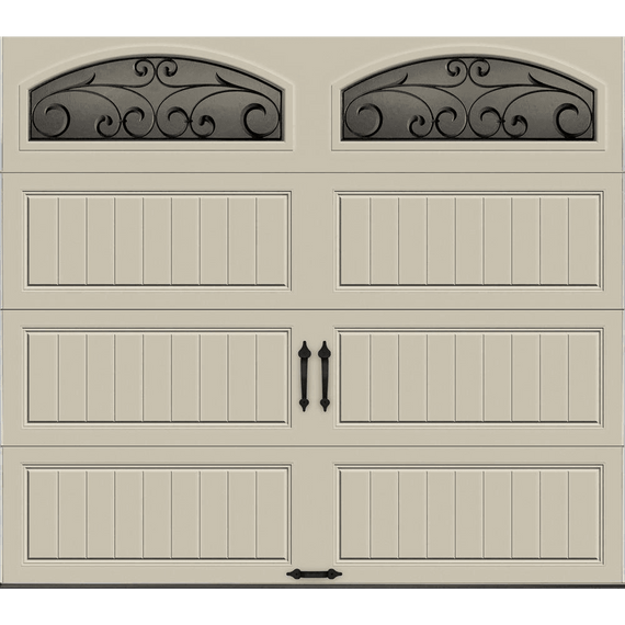 R-Value Intellicore Insulated Sandstone Garage Door with Wrought Iron Window